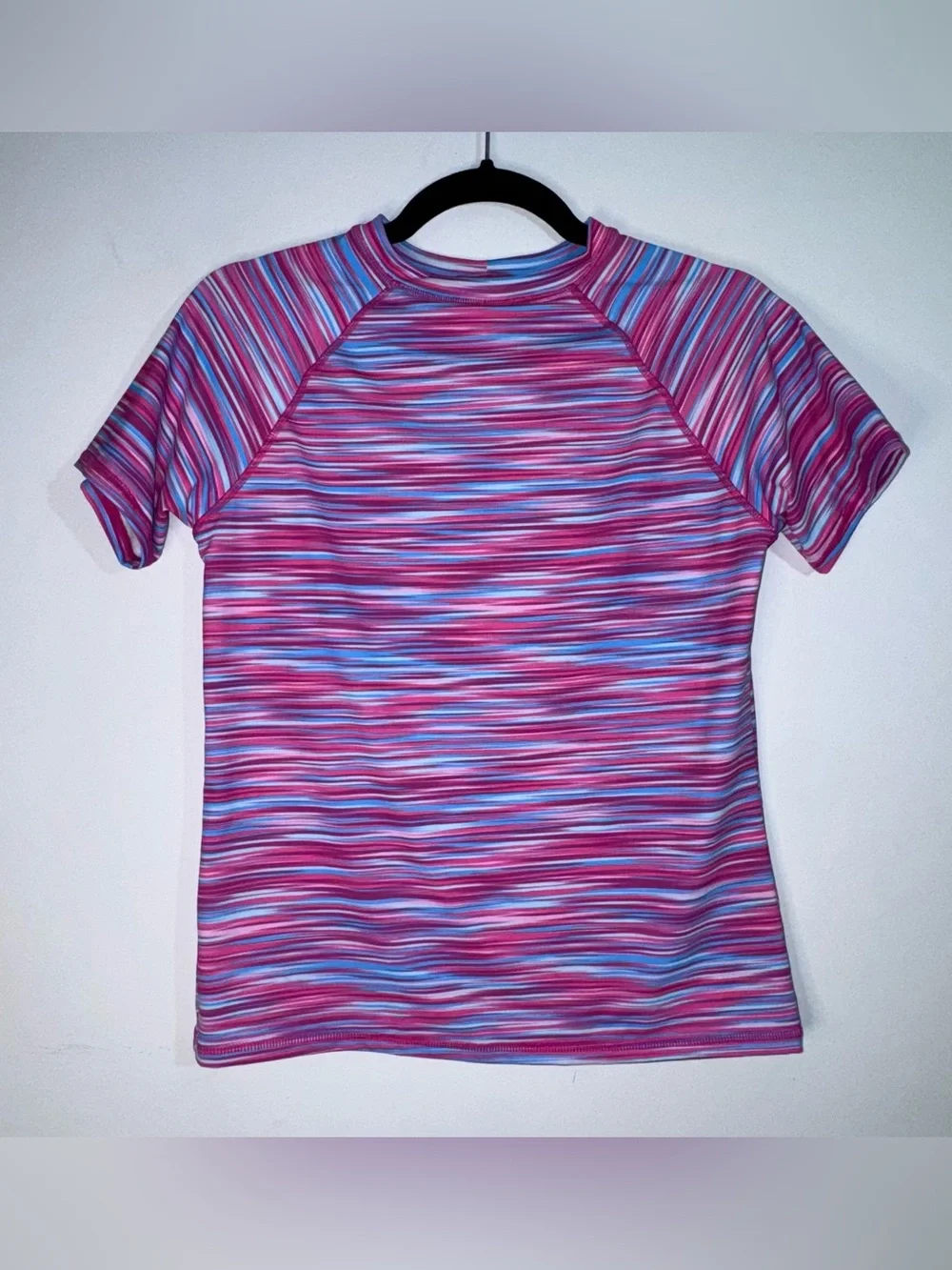 Lands’ End Kids XL 14-16 Pink Blue Striped Rash Guard Swim Shirt UPF